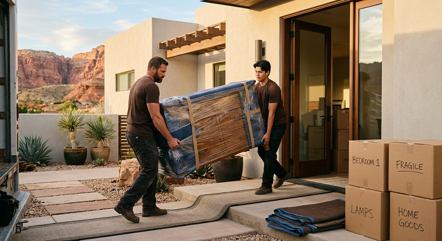 Two movers carefully carrying a wrapped dresser into a Southern Utah home